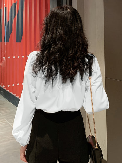 vlovelaw Contrast Trim Tie Neck Blouse, Elegant Long Sleeve Blouse For Spring & Fall, Women's Clothing