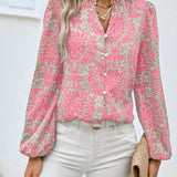 Ethnic Floral Print Blouse, Boho V Neck Long Sleeve Blouse, Women's Clothing