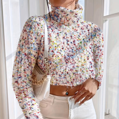 vlovelaw  Colorful Dot Turtle Neck Pullover Sweater, Casual Long Sleeve Crop Sweater, Women's Clothing