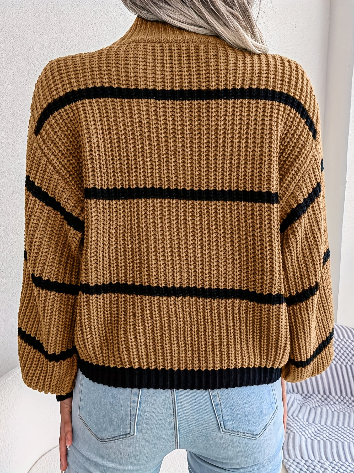 vlovelaw Striped Color Block Crew Neck Sweater, Casual Long Sleeve Loose Fall Winter Knit Sweater, Women's Clothing