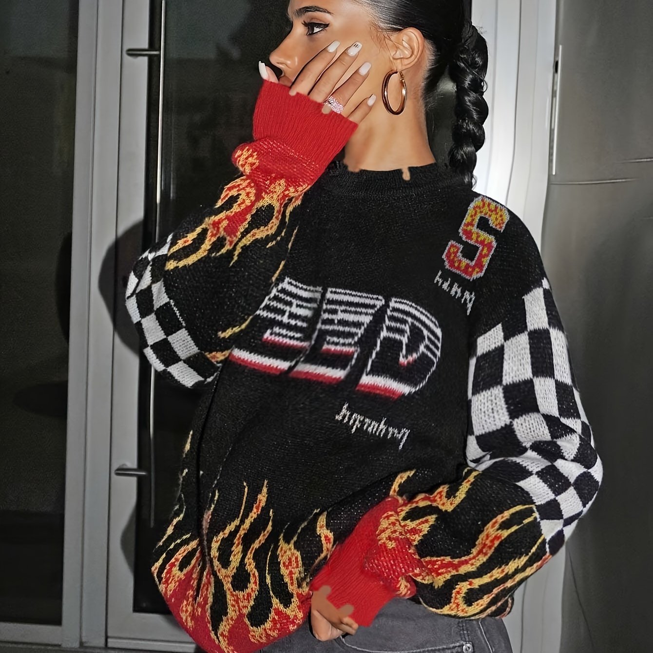 vlovelaw  Y2K Streetwear Sweater, Flame Pattern Long Sleeve Casual Sweater, Women's Clothing