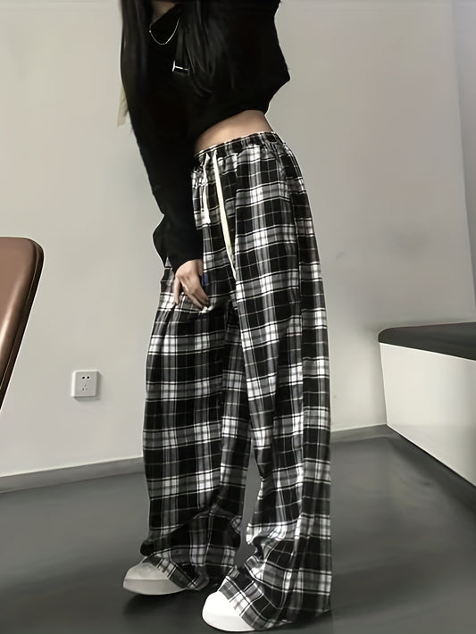 vlovelaw  Plaid Drawstring Straight Leg Pants, Casual Loose Pants For Spring & Fall, Women's Clothing