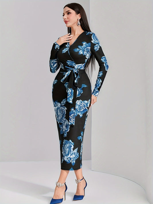 vlovelaw  Floral Print Surplice Neck Dress, Elegant Long Sleeve Slim Dress For Spring & Fall, Women's Clothing