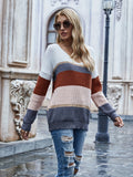 vlovelaw  Color Block V Neck Pullover Sweater, Elegant Long Sleeve Drop Shoulder Sweater, Women's Clothing