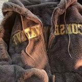 Embroidered Fuzzy Hooded Coat, Casual Drawstring Zip Up Outerwear, Women's Clothing