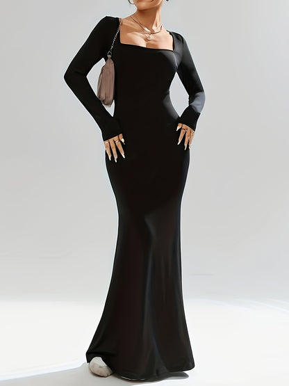 vlovelaw  Maxi Length Mermaid Dress, Solid Color Long Sleeve Square Neck Dress, Women's Clothing
