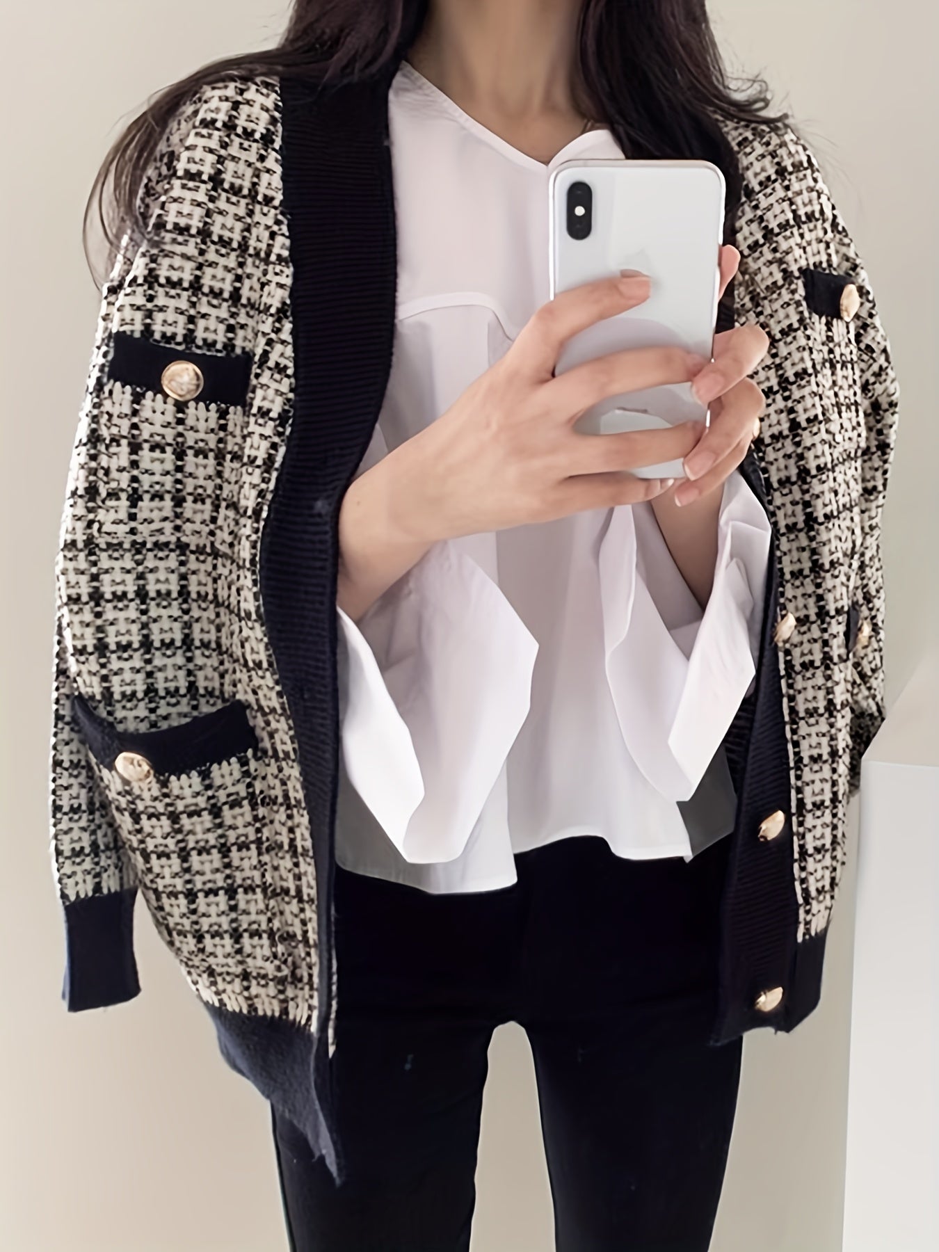 vlovelaw  Plaid Button Down Knit Cardigan, Vintage Long Sleeve Pocket Fashion Sweater, Women's Clothing