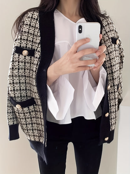 vlovelaw  Plaid Button Down Knit Cardigan, Vintage Long Sleeve Pocket Fashion Sweater, Women's Clothing