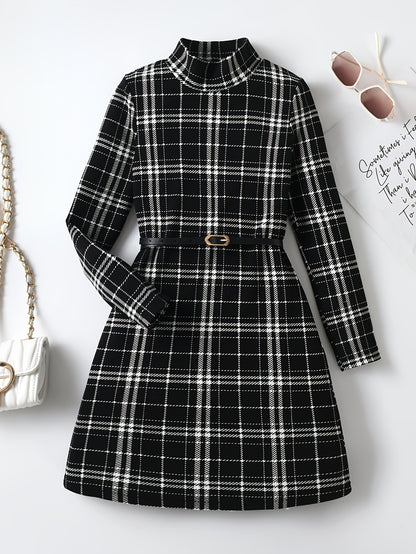 Vintage Girls' Plaid Turtleneck Long Sleeve Dress Kids Clothes For Fall Party