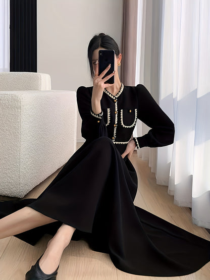 vlovelaw  Contrast Trim Cuff Sleeve Button Dress, Elegant V Neck A-line Dress For Spring & Fall, Women's Clothing