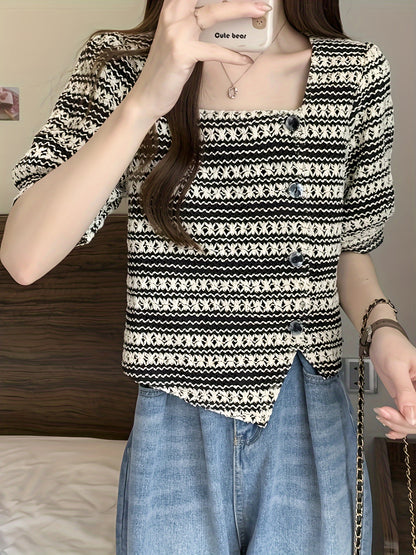 vlovelaw  Striped Pattern Button Decor Blouse, Versatile Square Neck Short Sleeve Blouse For Spring & Summer, Women's Clothing