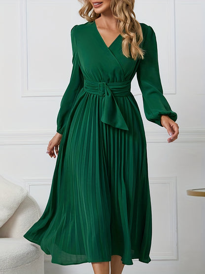 Solid Surplice Neck Belted Dress, Elegant Pleated Long Sleeve Midi Dress For Spring & Fall, Women's Clothing