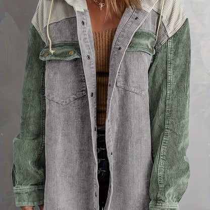 Color Block Long Sleeve Hooded Jacket, Casual Every Day Outerwear For Fall & Winter, Women's Clothing