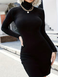vlovelaw  Solid Turtle Neck Bodycon Sweater Dress, Casual Long Sleeve Knitted Mini Dress, Women's Clothing