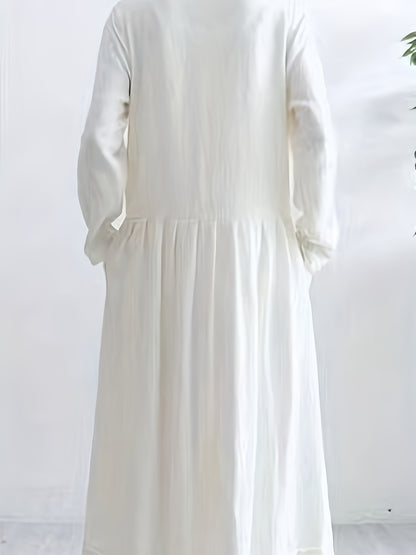vlovelaw  Solid Plicated Detail Oversized Dress, Long Sleeve Crew Neck Casual Dress, Women's Clothing