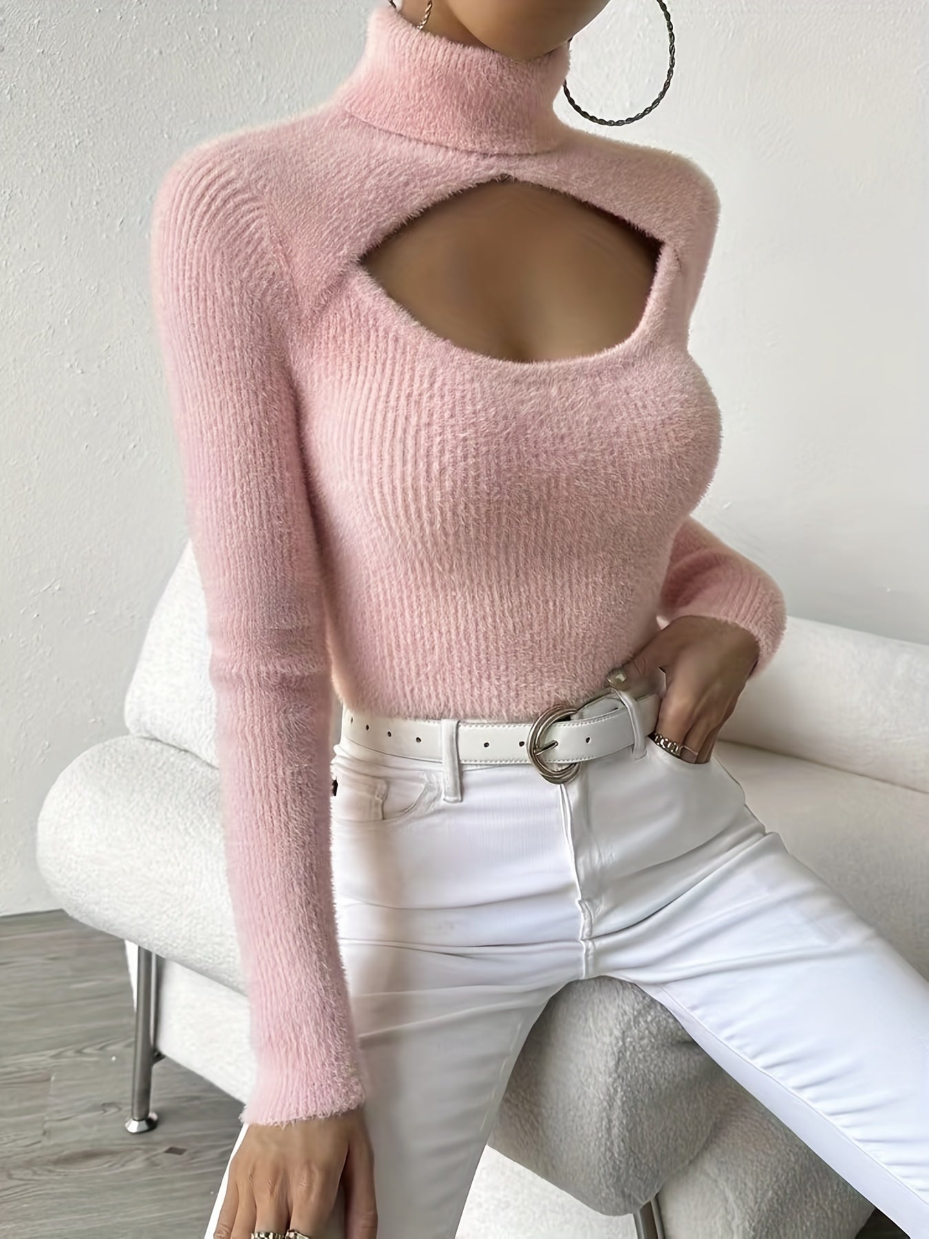 vlovelaw Cut Out Turtleneck Knit Sweater, Sexy Solid Long Sleeve Sweater, Women's Clothing