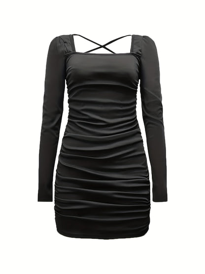 vlovelaw  Backless Ruched Dress, Sexy Squared Neck Long Sleeve Bodycon Dress, Women's Clothing