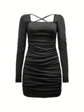 vlovelaw  Backless Ruched Dress, Sexy Squared Neck Long Sleeve Bodycon Dress, Women's Clothing