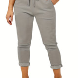 vlovelaw  Plus Size Casual Pants, Women's Plus Solid Drawstring Roll Up Hem Slight Stretch Pants