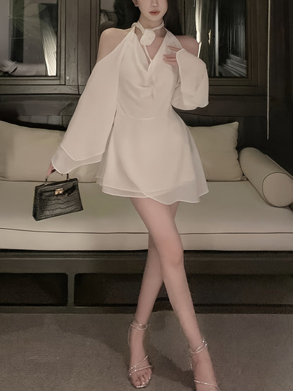 vlovelaw  Solid Cowl Neck Tied Halter Dress, Elegant Long Sleeve Backless Flowy Stylish Dress, Women's Clothing