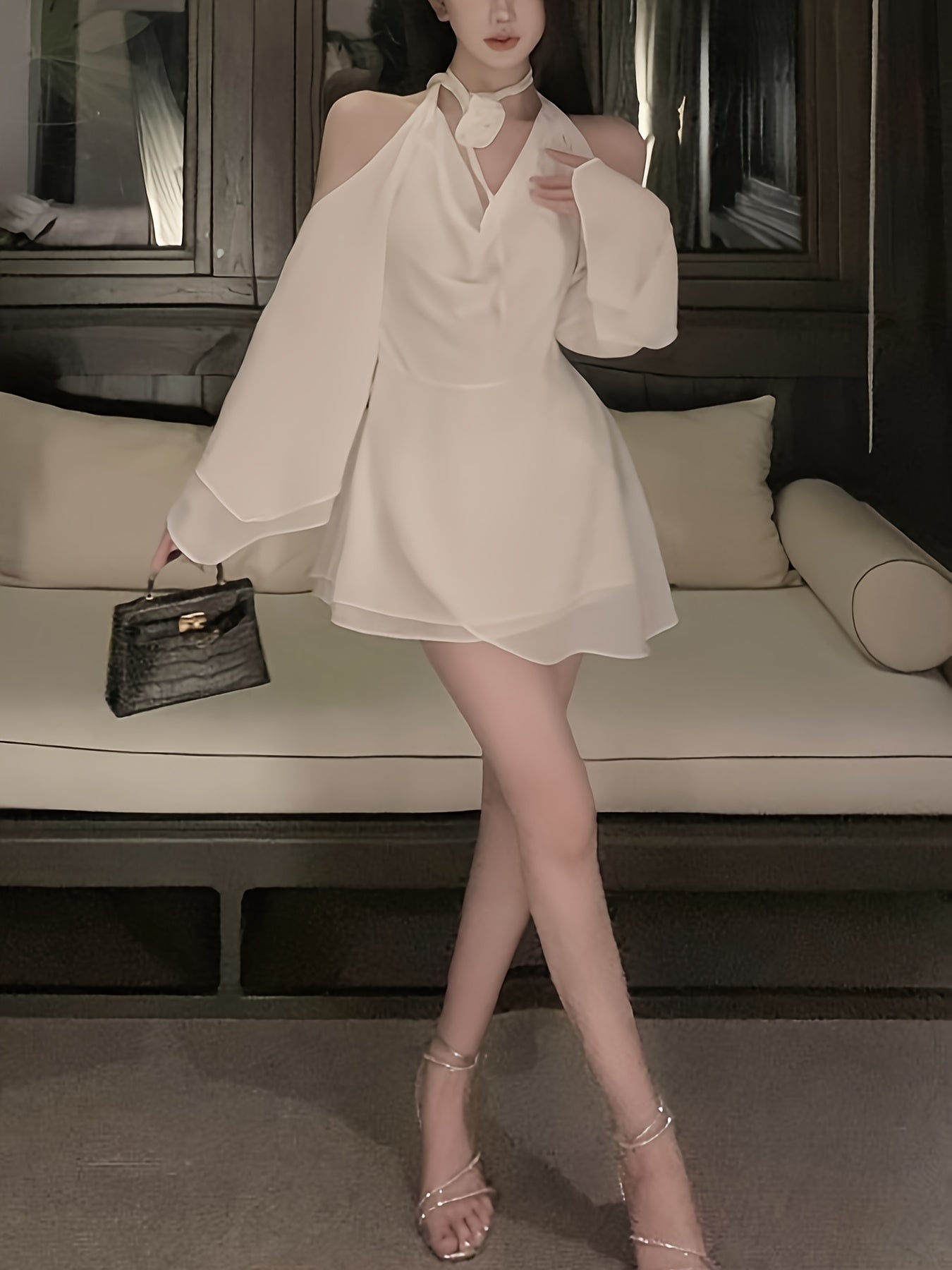 vlovelaw  Solid Cowl Neck Tied Halter Dress, Elegant Long Sleeve Backless Flowy Stylish Dress, Women's Clothing