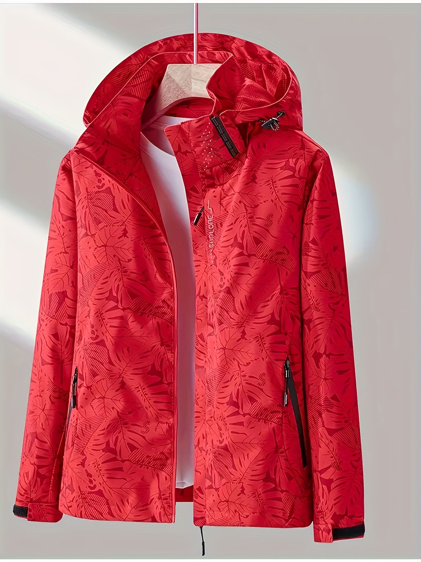vlovelaw  Leaf Print Outdoor Jacket With Removable Hood, Women's Windproof & Rainproof Jacket, Women's Outdoor Clothing