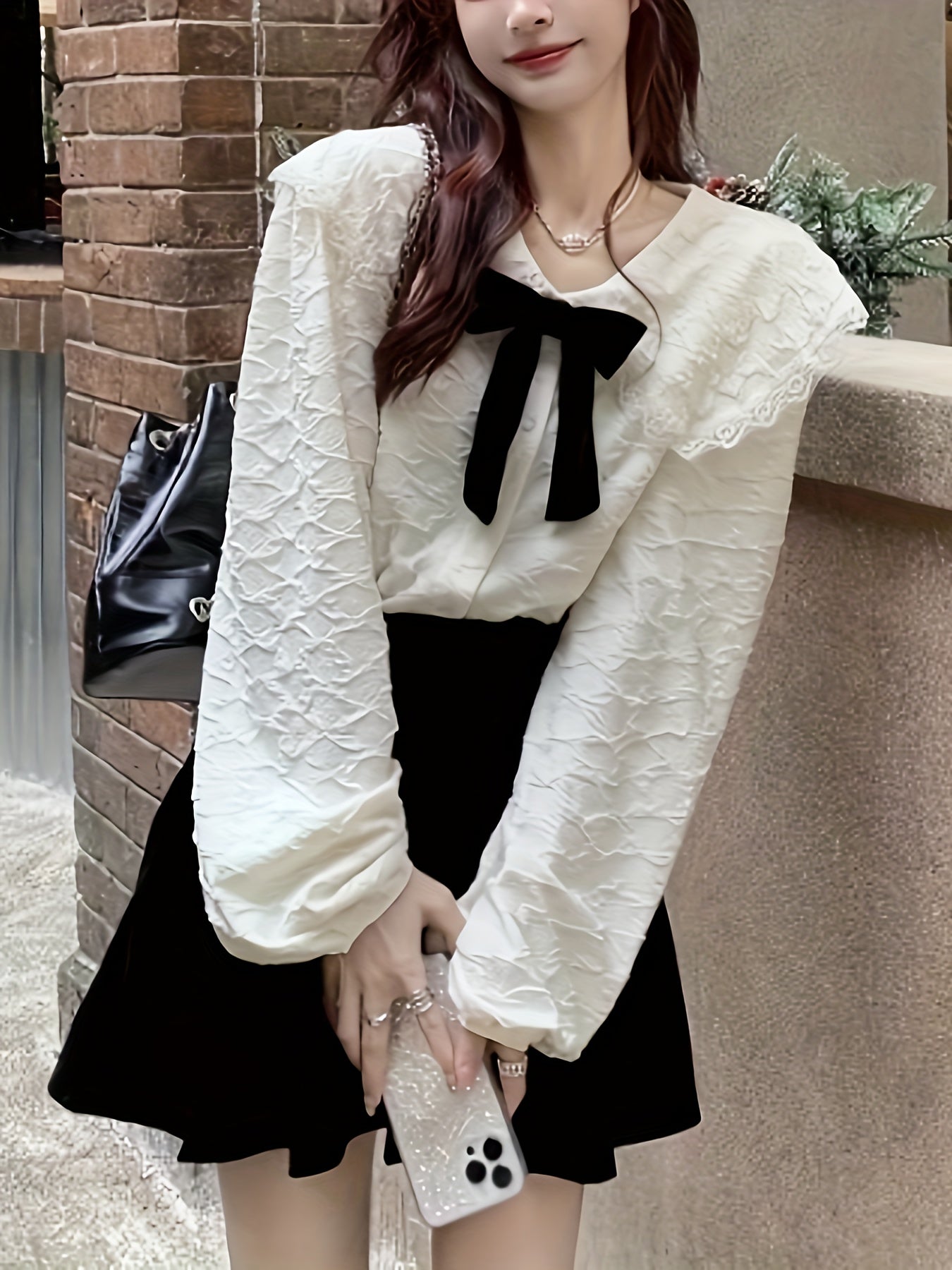 vlovelaw Bow Decor Sailor Collar Blouse, Sweet Long Sleeve Blouse For Spring & Fall, Women's Clothing