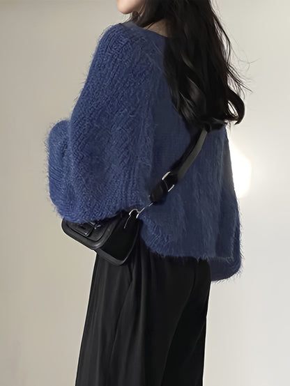 vlovelaw  Solid Open Front Knit Cardigan, Casual Long Sleeve Loose Crop Sweater, Women's Clothing