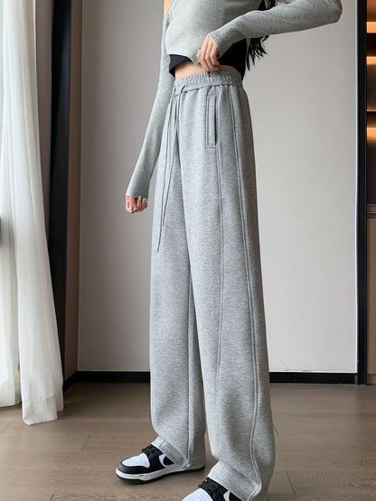 Pocket Solid Straight Leg Pants, Casual Drawstring Elastic Waist Pants, Women's Clothing