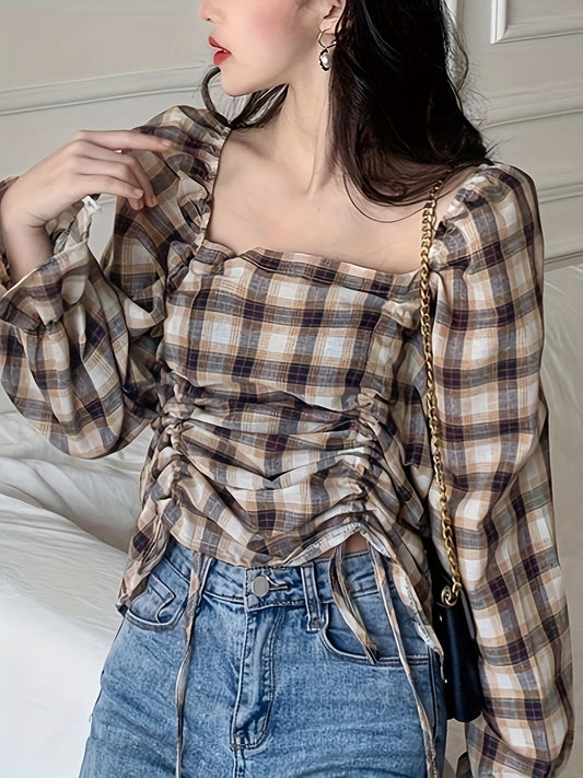 vlovelaw Plaid Print Drawstring Ruched Blouse, Vintage Square Neck Long Sleeve Blouse For Spring & Fall, Women's Clothing