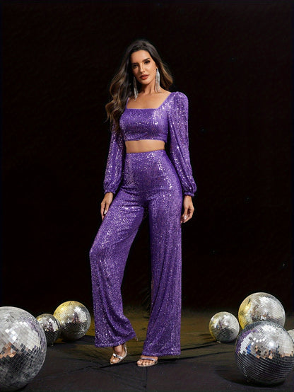 vlovelaw  Sequin Elegant Two-piece Set, Zip Back Square Neck Long Sleeve Top & Pants Outfits, Women's Clothing