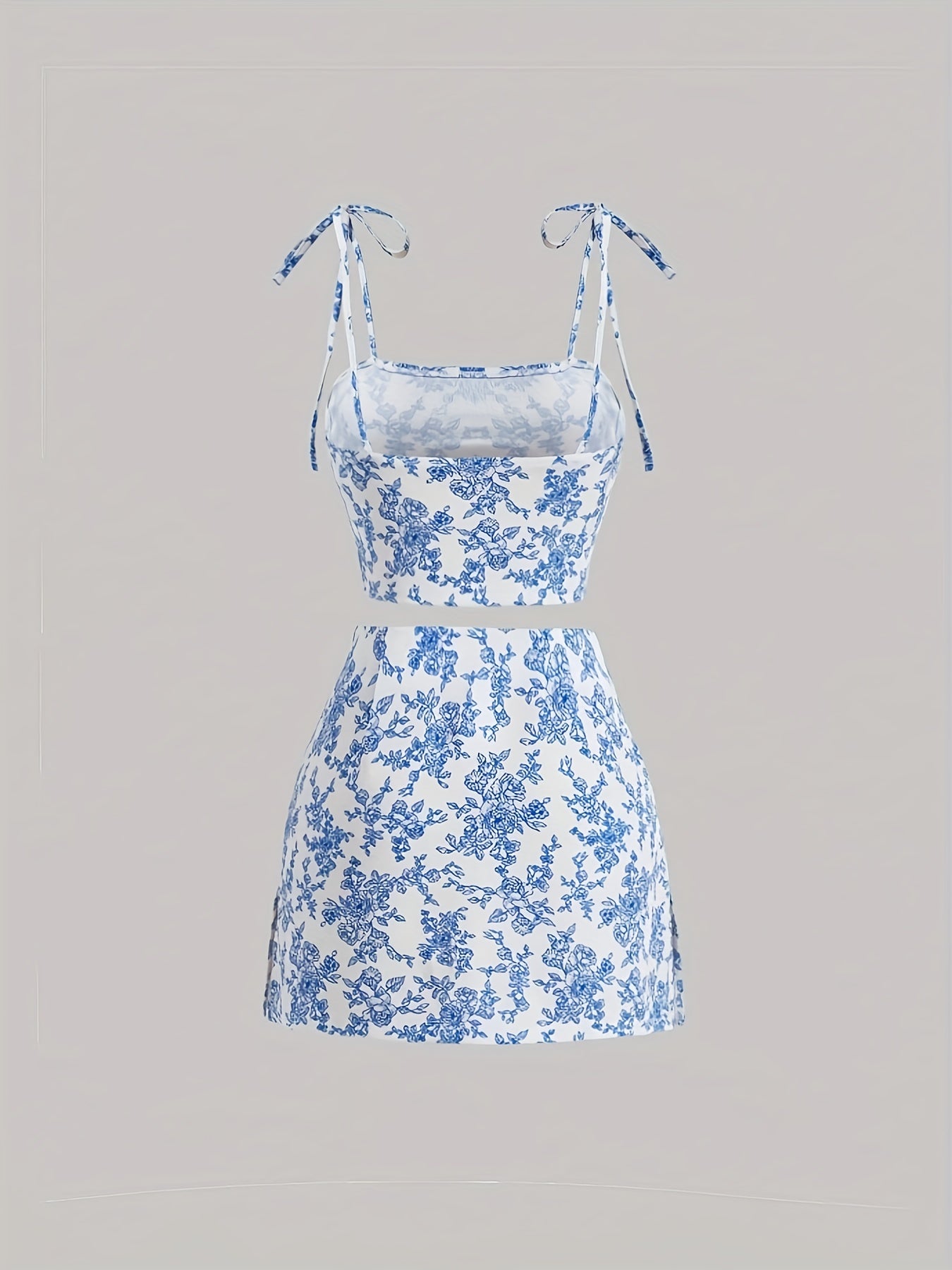 vlovelaw  Floral Print Elegant Skirt Set, Tie Shoulder Crop Cami Top & High Waist A-line Bodycon Mini Skirt Outfits, Women's Clothing