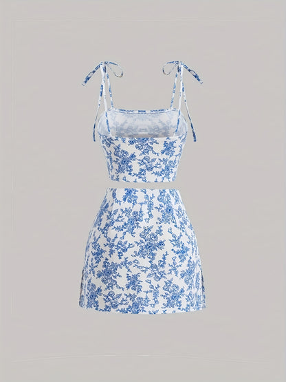 vlovelaw  Floral Print Elegant Skirt Set, Tie Shoulder Crop Cami Top & High Waist A-line Bodycon Mini Skirt Outfits, Women's Clothing