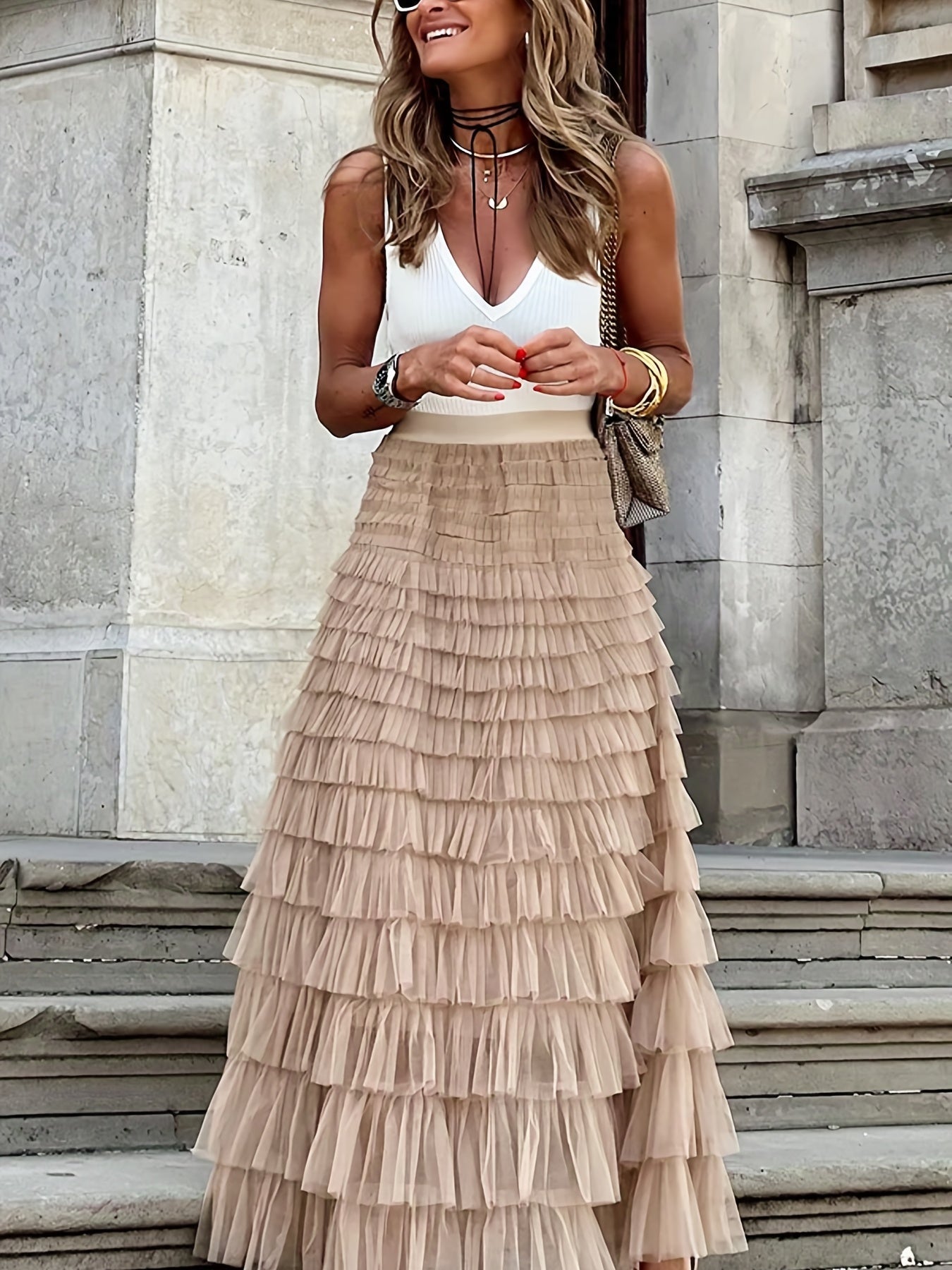 vlovelaw  Mesh Layered Hem Skirt, Boho High Waist Skirt, Women's Clothing