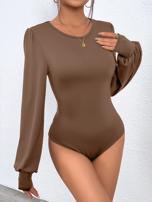 vlovelaw  Solid Crew Neck Bodysuit, Elegant Lantern Sleeve Slim Bodysuit, Women's Clothing