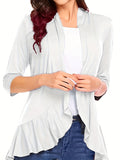 vlovelaw V-neck Loose Pleated Cardigans, Casual Frill Solid 3/4 Sleeve Spring Summer Fall Cardigan, Women's Clothing