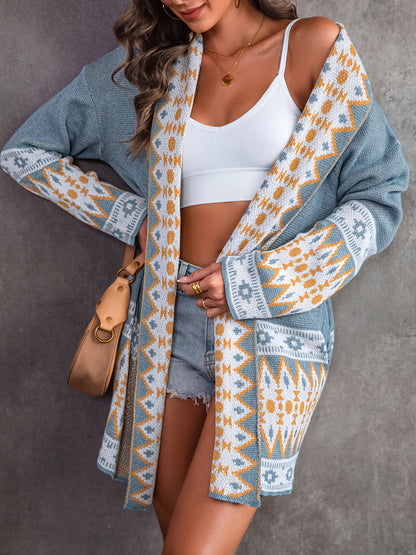 Aztec Print Knit Cardigan, Vintage Open Front Long Sleeve Sweater, Women's Clothing
