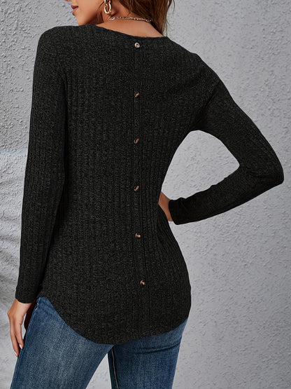 Long Sleeve Solid Color Crew Neck Casual T-shirt with Fake Buttons - Soft Mid-Elasticity Polyester Fabric, Regular Length, No Printing, Perfect for Spring and Fall Seasons