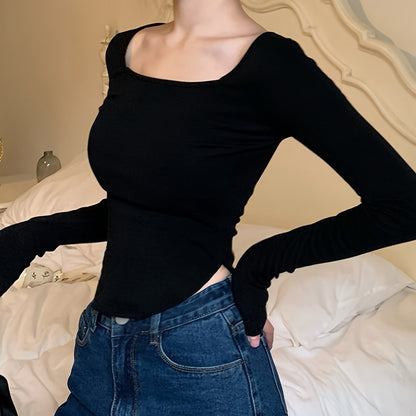 vlovelaw Solid Square Neck Curved Hem T-Shirt, Versatile Long Sleeve T-Shirt For Spring & Fall, Women's Clothing
