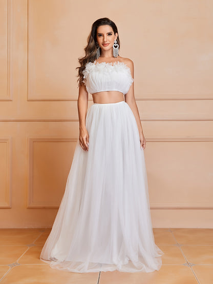 vlovelaw  Mesh Ruffle Trim Matching Two-piece Skirt Set, Elegant Crop Sleeveless Tube Top & High Waist Loose Skirt Outfits, Women's Clothing