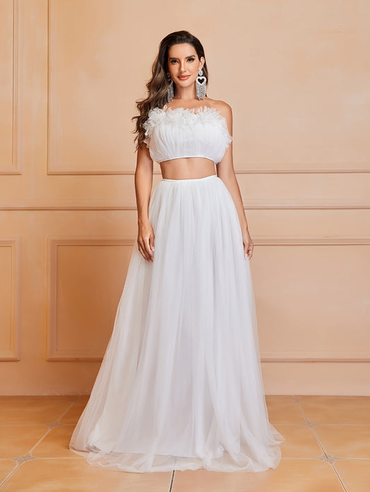 vlovelaw  Mesh Ruffle Trim Matching Two-piece Skirt Set, Elegant Crop Sleeveless Tube Top & High Waist Loose Skirt Outfits, Women's Clothing