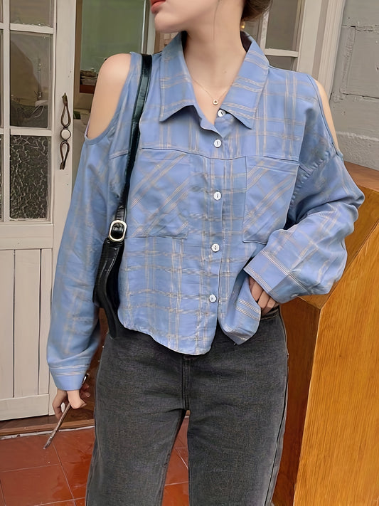 vlovelaw Plaid Print Button Front Blouse, Cold Shoulder Long Sleeve Pocket Blouse For Spring & Fall, Women's Clothing