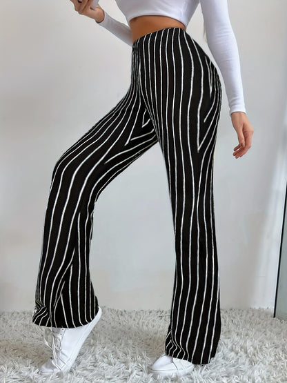 Striped Print Flared Leg Pants, Elegant Elastic Waist Slim Pants, Women's Clothing