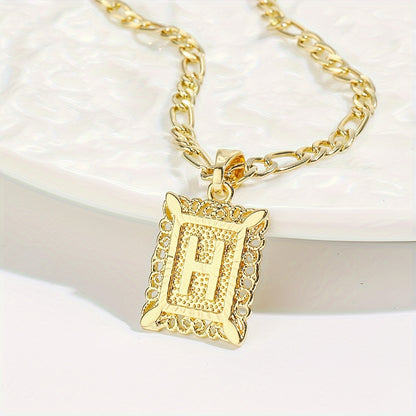 18K Gold Plated Square Monogram Pendant Necklace - Fashionable Personalized Alphabet Letter A-Z Figaro Chain Necklace for Men and Women - Copper Material, No Magnetic, No Mosaic, Plating-Free, Stylish Jewelry for Any Occasion