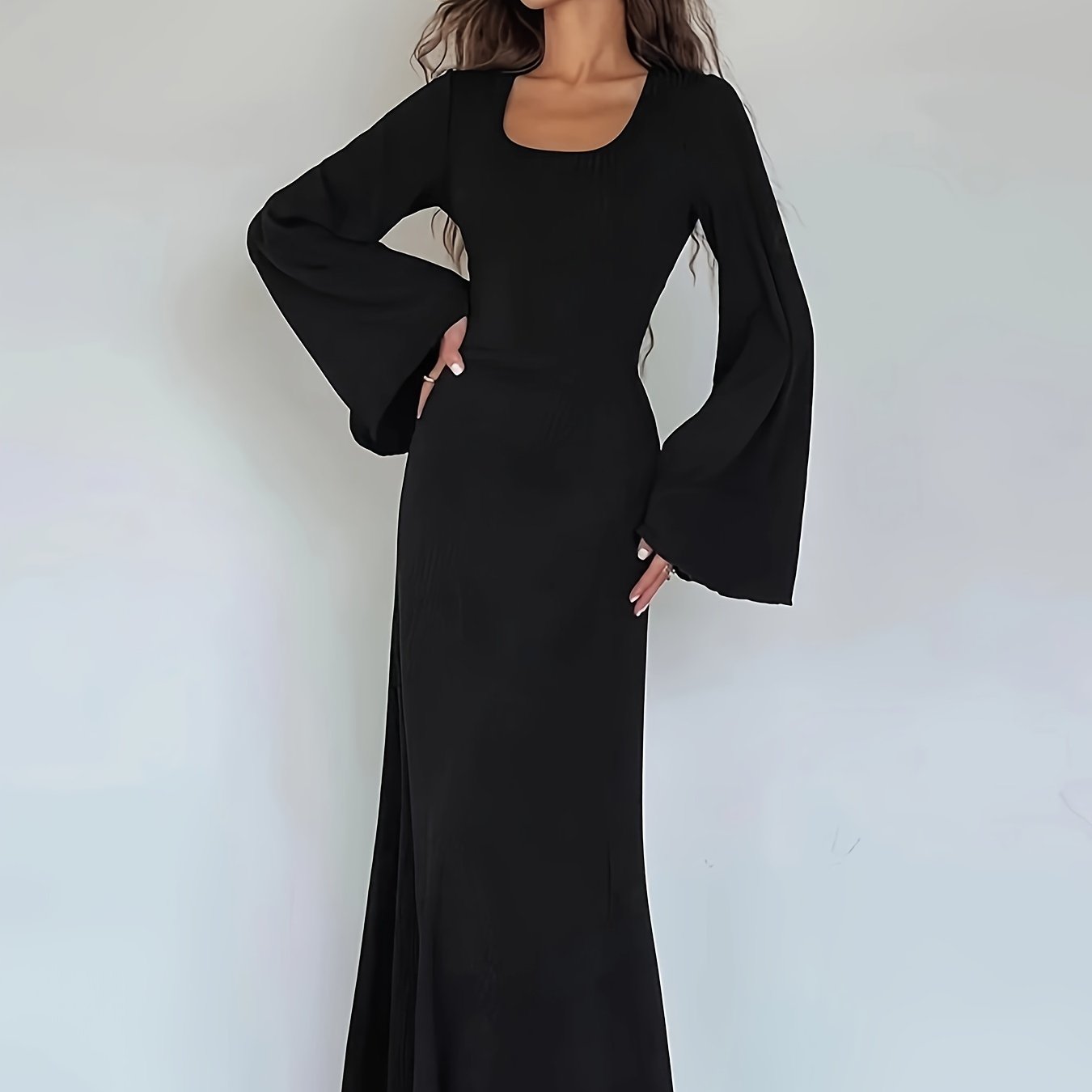 vlovelaw  Solid Flared Long Sleeve Dress, Casual Squared Neck Maxi Dress, Women's Clothing
