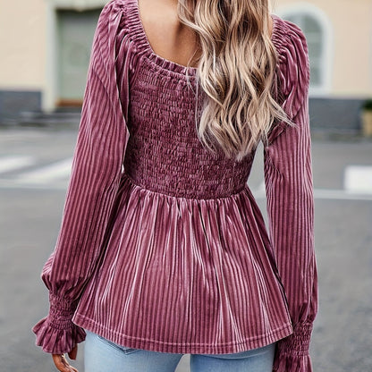 vlovelaw Shirred Velvet Square Neck T-Shirt, Elegant Long Sleeve Top For Spring & Fall, Women's Clothing