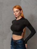 vlovelaw  Backless Drawstring Crop Tee, Y2K Crew Neck Long Sleeve Skinny Tee For Spring & Summer, Women's Clothing