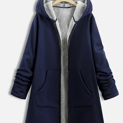 vlovelaw Plus Size Hoodie Fleece Liner Zip Up Coat, Women's Plus Warm Winter Casual Faux Fur Coat