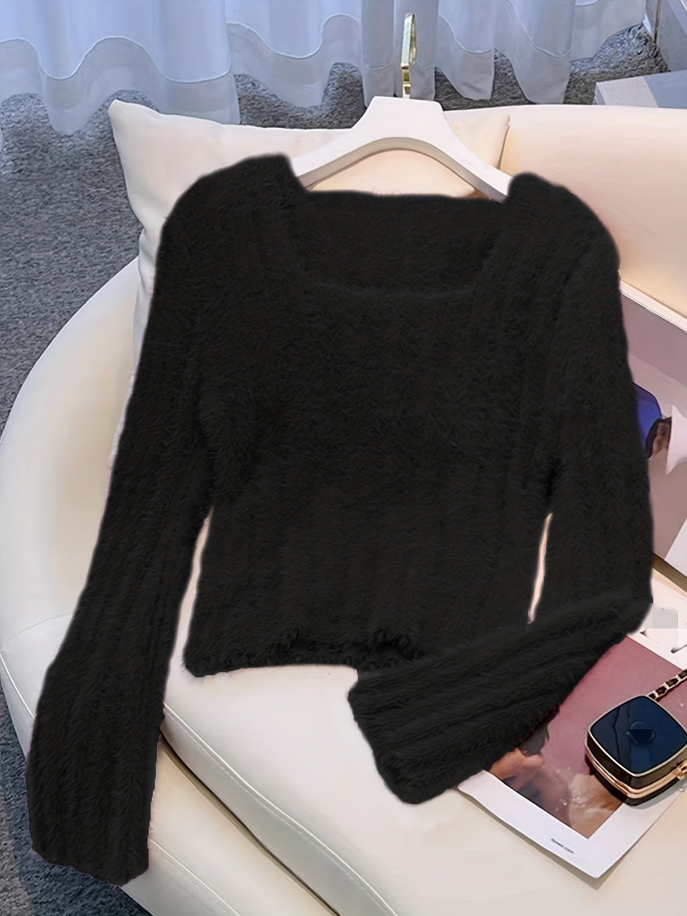 Solid Square Neck Pullover Sweater, Casual Long Sleeve Sweater, Women's Clothing