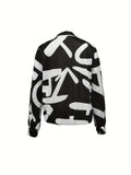 Abstract Print Zip Up Bomber Jacket, Casual Long Sleeve Outerwear, Women's Clothing